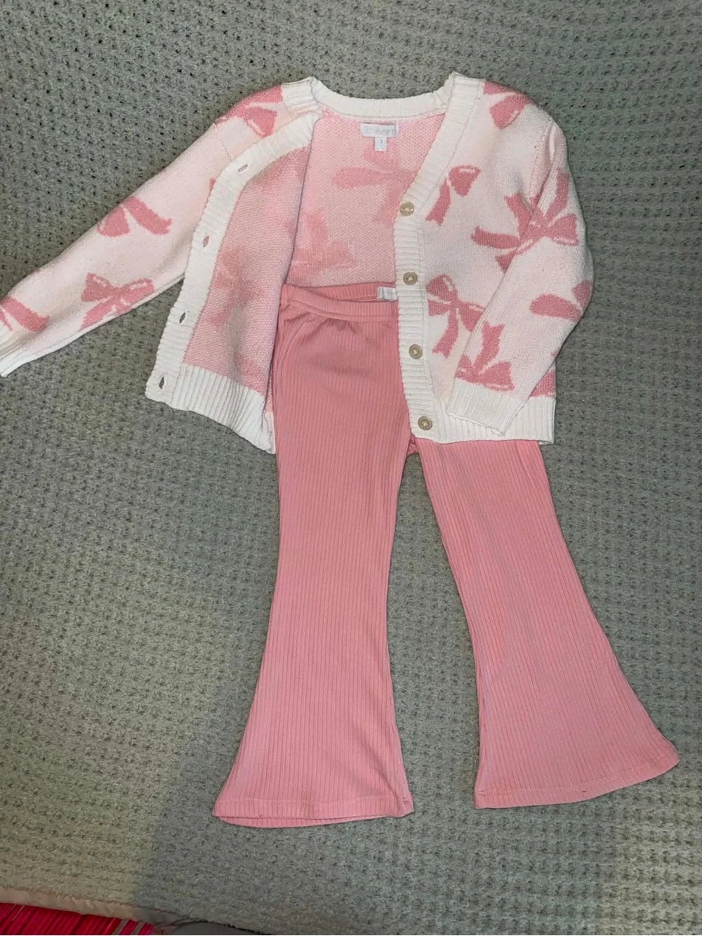 Pink Bow Knit Cardigan with Pink Ribbed Pants - Picture 2 of 4